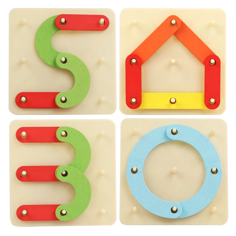 Wooden geoboard shape building set showing letters S, 3, and O formed by colored wooden pieces