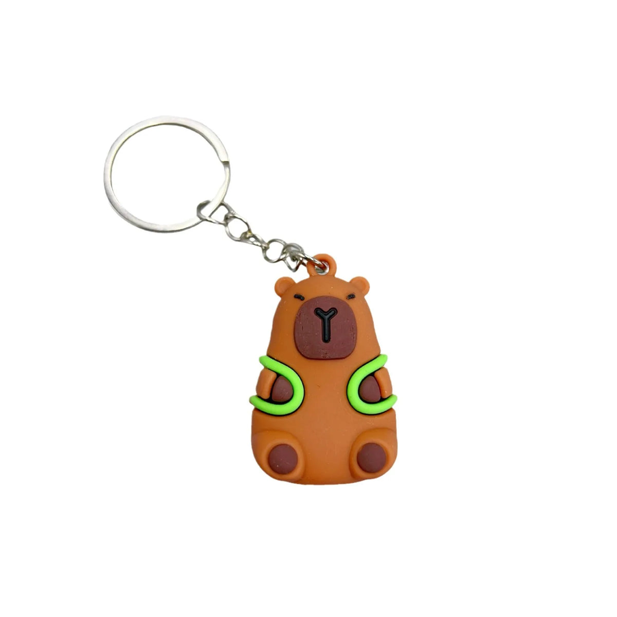 An adorable capybara keychain charm with brown fur and bright green accents.
