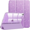 Coque de protection violette et pailletée pour iPad, avec une housse assortie et une pochette séparée.