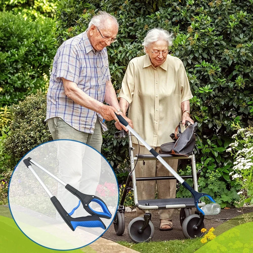 An elderly man is using a foldable 32-inch reacher grabber tool outdoors.