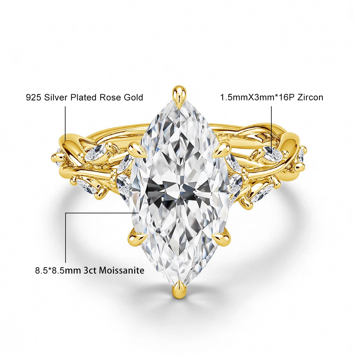 A gold-plated rose gold engagement ring featuring a marquise cut moissanite stone and accent diamonds.