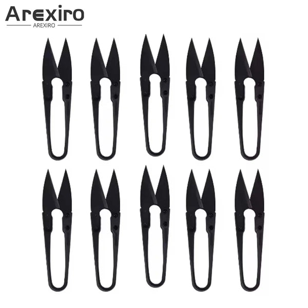 A set of stainless steel thread snip scissors shown in various views.