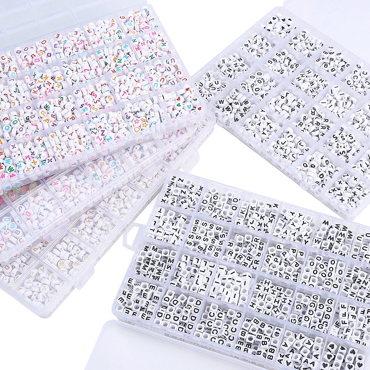 A collection of acrylic letter beads in various colors and shapes stored in a grid box for jewelry making