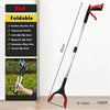 A red foldable grabber reacher tool with a long silver handle and black grip is shown against a white background.