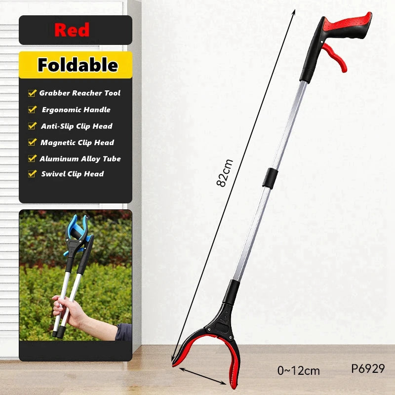 A red foldable grabber reacher tool with a long silver handle and black grip is shown against a white background.