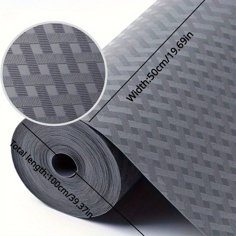 Roll of gray waterproof oil-proof shelf liner material showing width and length measurements