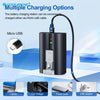 A black battery charging station with a micro USB cable shown next to various devices like a laptop, car charger, power bank,