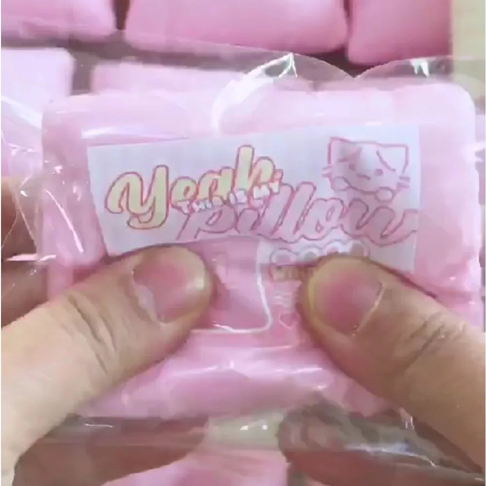 Mains tenant un oreiller anti-stress rose en forme de chat avec une étiquette 'Year Pillow'