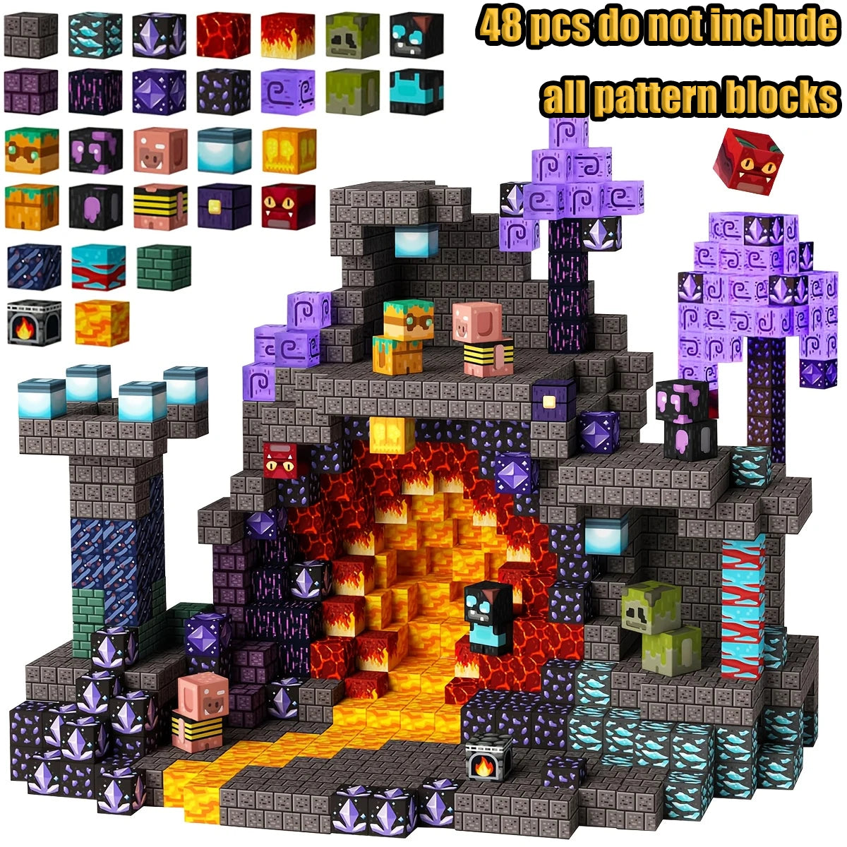 Großes Bau-Set mit dunklem Stein-Schloss und leuchtenden orange- und violetten Akzenten.