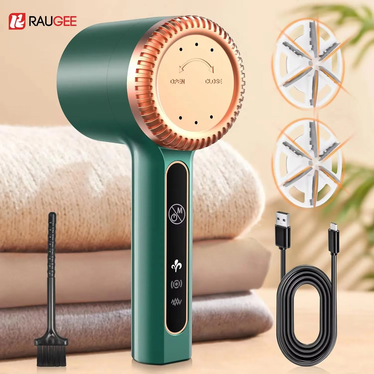 A green rechargeable electric fabric shaver with a rotating head is shown next to its cleaning attachments.