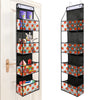 A black over-the-door hanging organizer with multiple clear compartments for storage.
