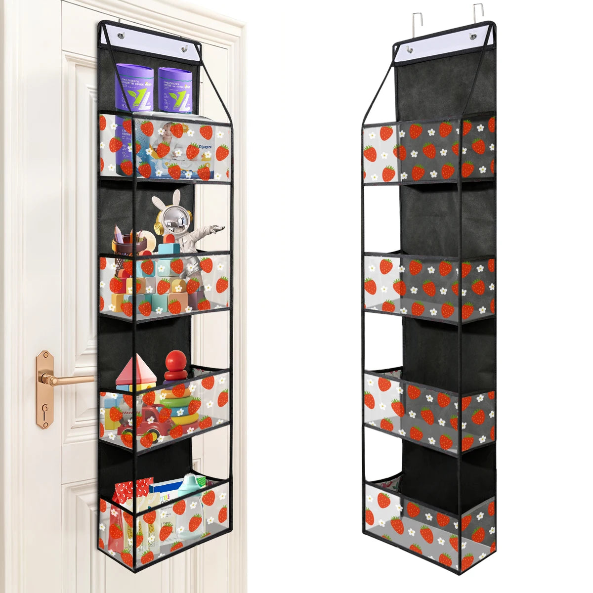 A black over-the-door hanging organizer with multiple clear compartments for storage.