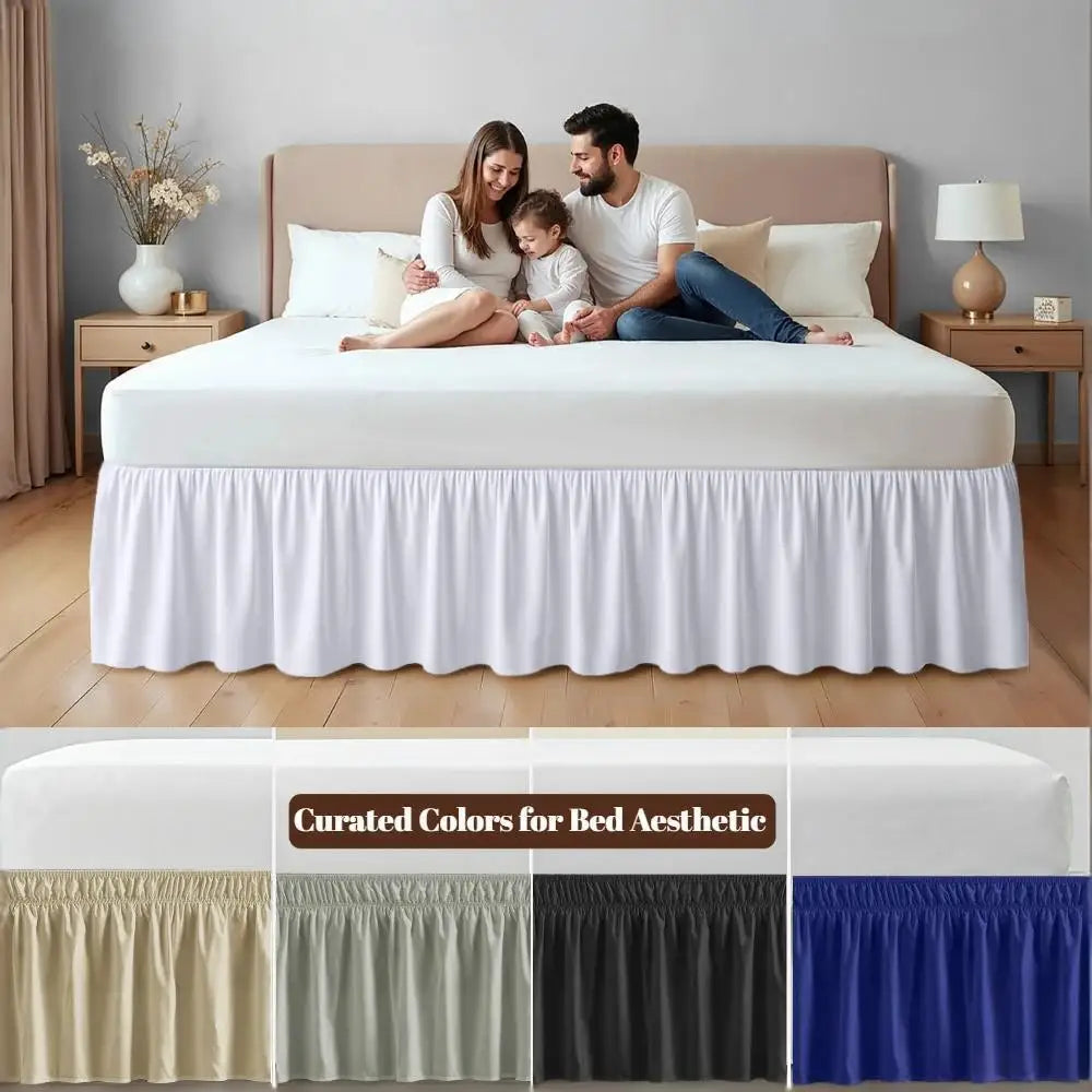 A bed featuring a white duvet and skirt in various curated colors like beige, gray, black, and blue.