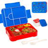 A red portable kids lunch box with divided compartments, a blue lid, and cutlery.