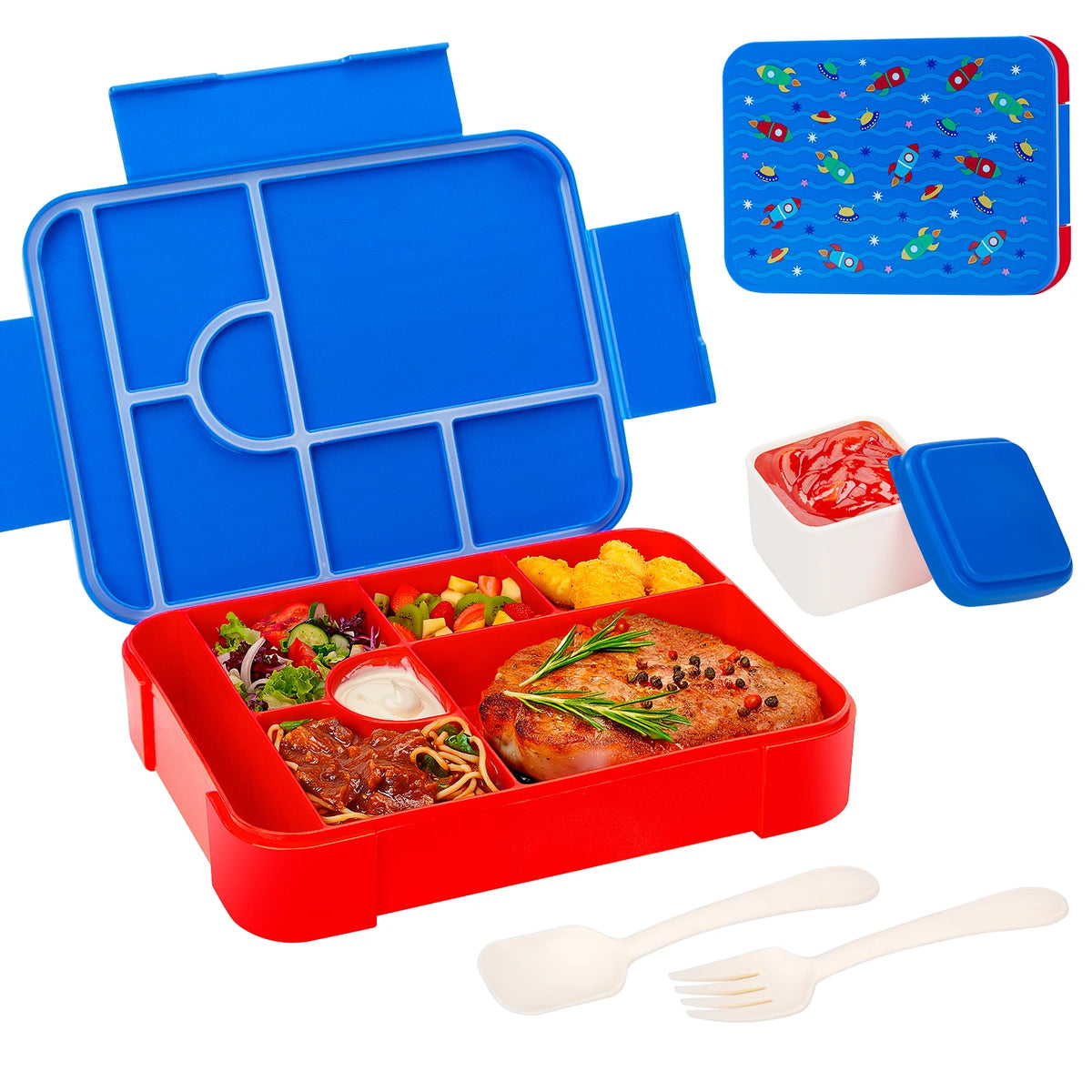 A red portable kids lunch box with divided compartments, a blue lid, and cutlery.
