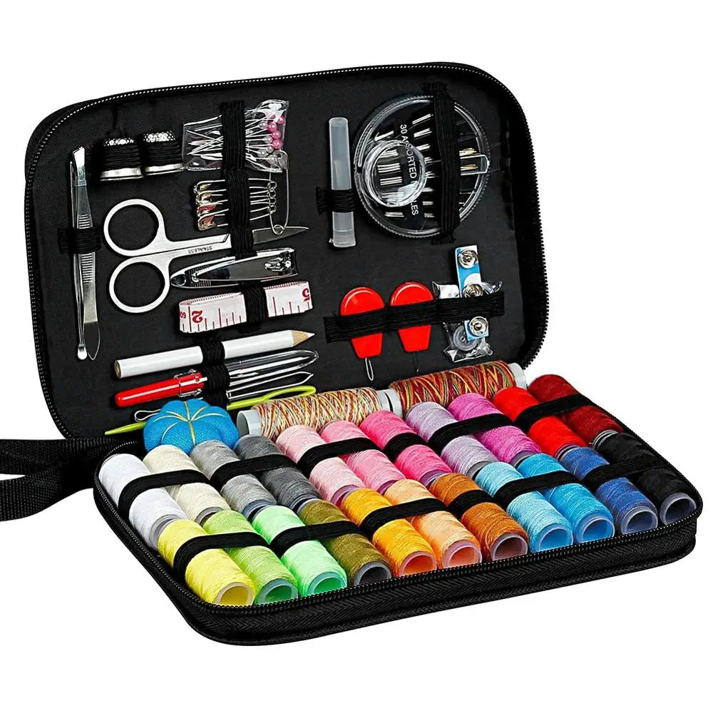 A black storage bag containing a complete sewing kit with various tools and 24 thread colors.