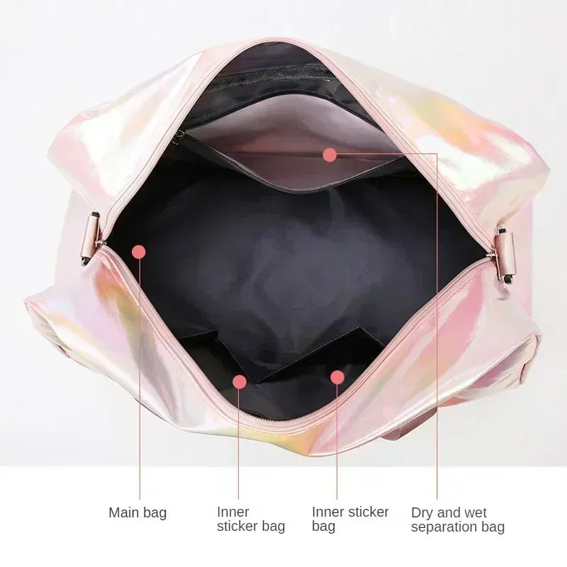 Pink iridescent duffel bag showing interior organization with separate compartments for dry and wet items