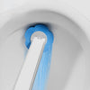 A white wall-mounted holder for a blue disposable toilet brush is shown pouring water into the toilet bowl.