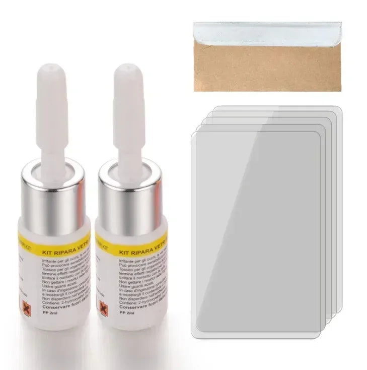 A kit for windshield glass repair resin including a small bottle and a clear plastic sheet.