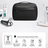 Black waterproof travel toiletry bag featuring wet and dry separation, tiered storage, water repellent, and a YKK zipper.