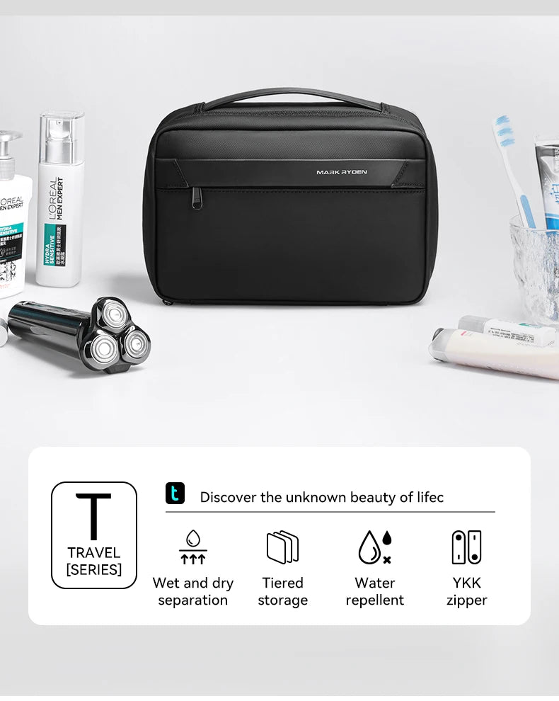 Black waterproof travel toiletry bag featuring wet and dry separation, tiered storage, water repellent, and a YKK zipper.