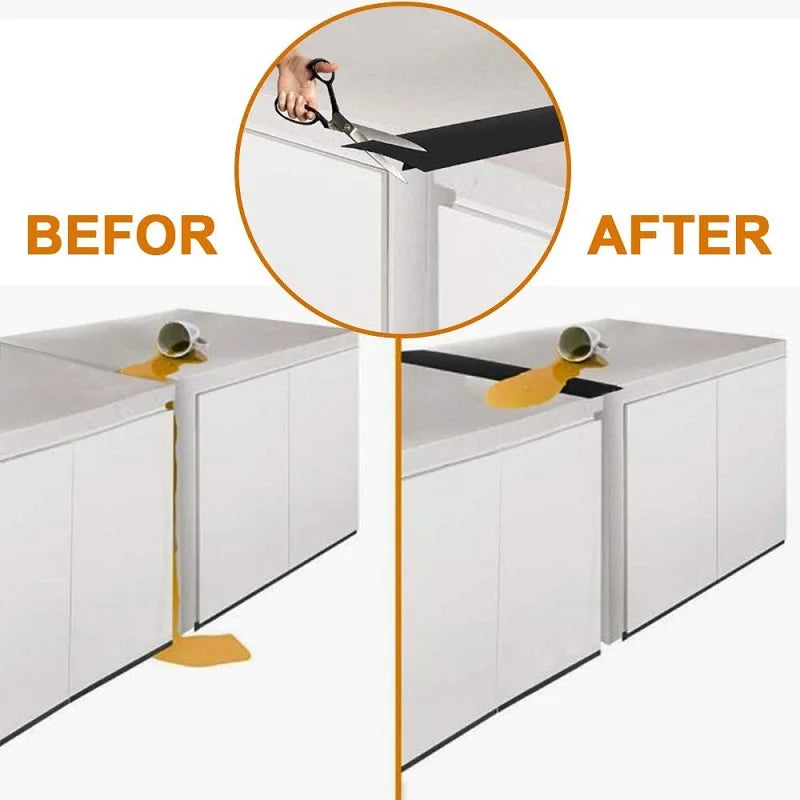 Before and after comparison showing a silicone stove counter gap cover installation on kitchen cabinets.