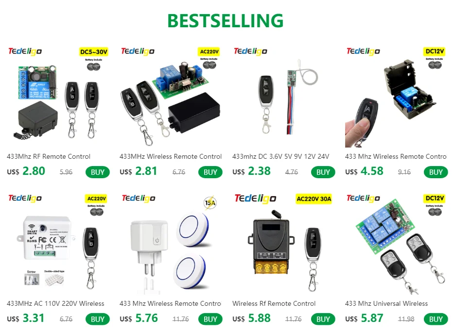 Various models of 433MHz wireless remote controls and relay switches for DC power applications