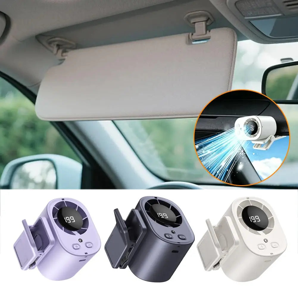 Three versions of a portable clip-on fan with LED display shown in different colors and angles.