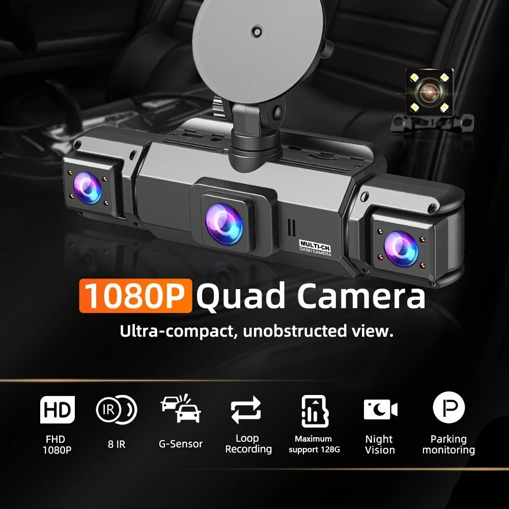A compact multi-channel 1080P quad camera dash cam with night vision features displayed on a dark interior surface.