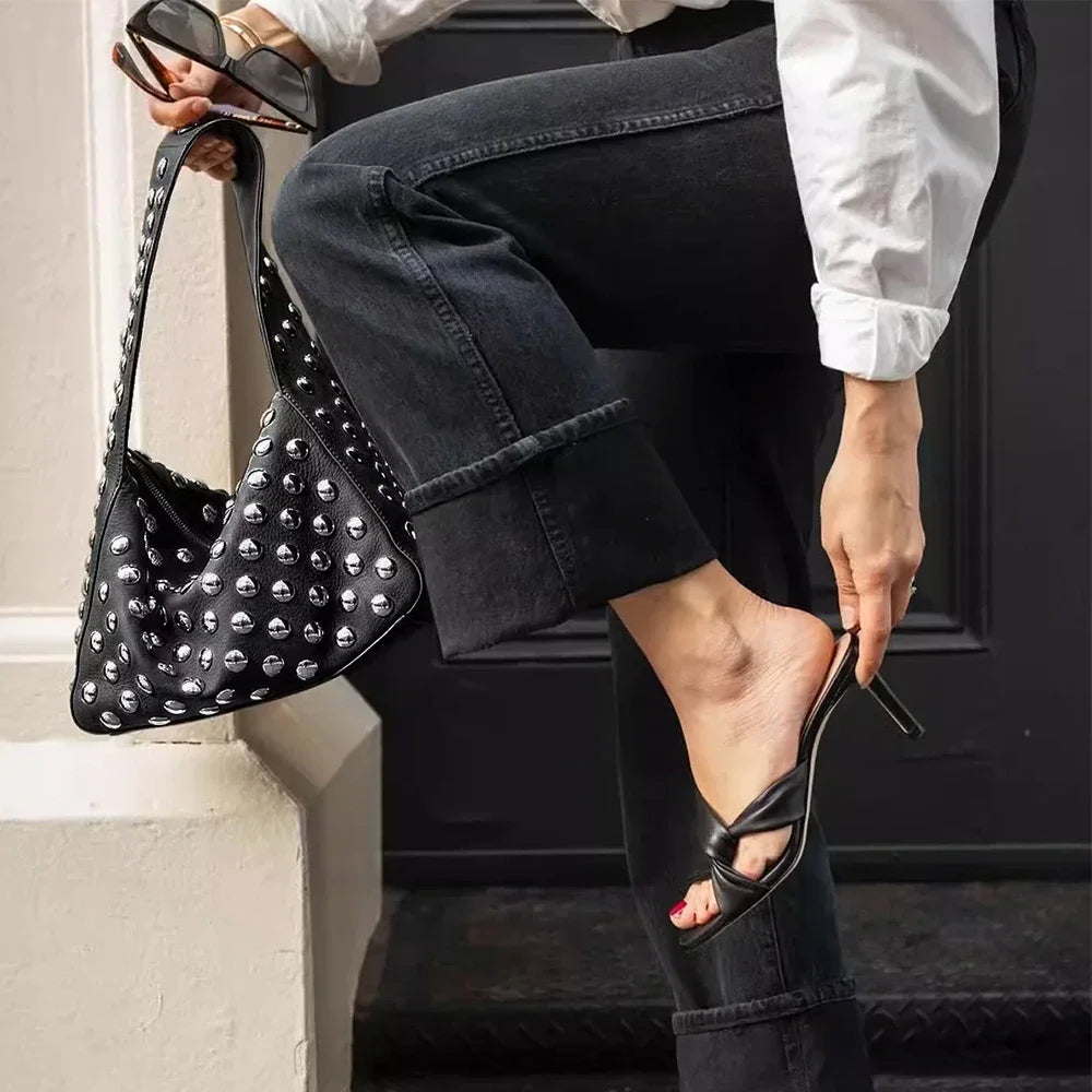 Black Rivet Shoulder Bag with Motorcycle Edge