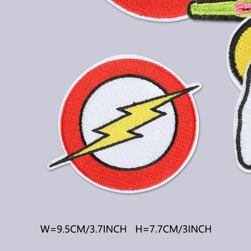 Red and white circular embroidered patch featuring a yellow lightning bolt design