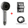 A handheld shower head, a shower wand, and a stainless steel hose are shown together.