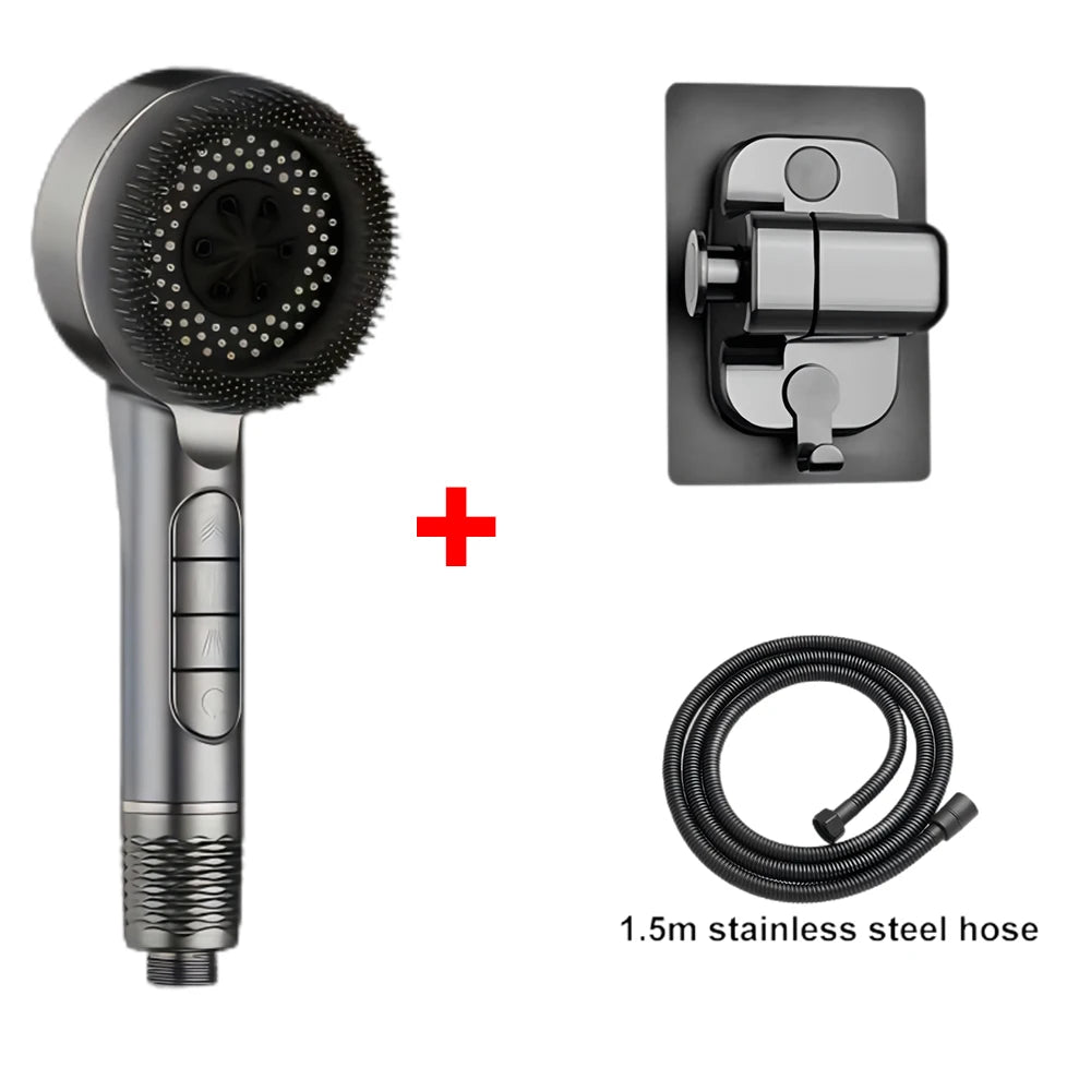 A handheld shower head, a shower wand, and a stainless steel hose are shown together.