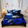A dark blue and black duvet cover featuring a print of a wolf's face surrounded by blue roses.