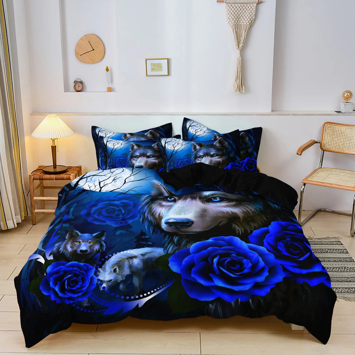 A dark blue and black duvet cover featuring a print of a wolf's face surrounded by blue roses.