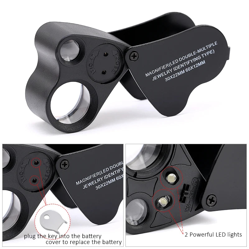 Illuminated Jewelers Loupe with Foldable 30x/60x Lenses