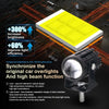 A yellow LED projector headlight module and a black motorcycle headlight assembly with an integrated lens.