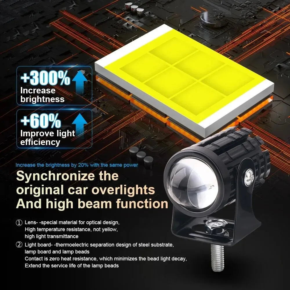 A yellow LED projector headlight module and a black motorcycle headlight assembly with an integrated lens.