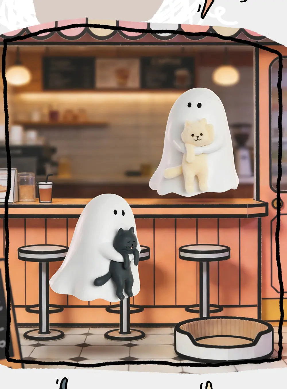 A blind box featuring two ghost-like figurines, one white and one dark gray, displayed in a cafe setting.