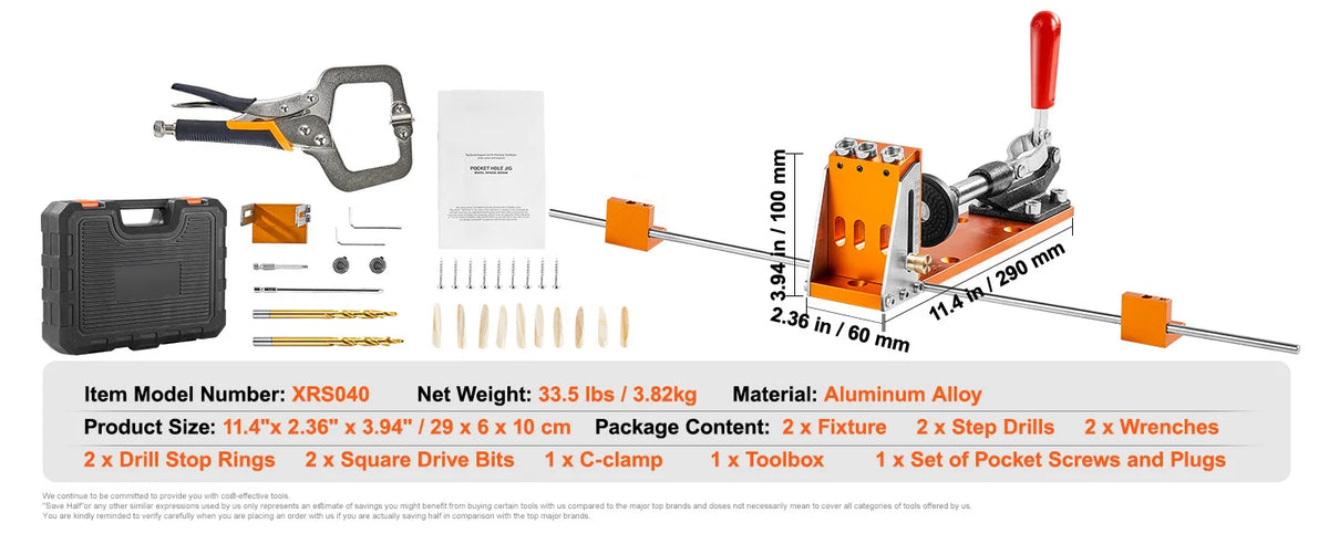 Adjustable Aluminum Pocket Hole Jig Kit with Step Drills