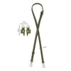 A pair of olive green leather shoulder straps with metal clasps and lobster hooks.