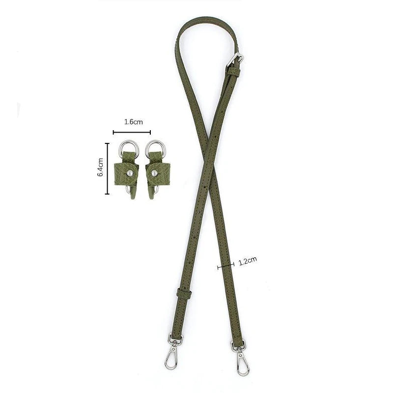 A pair of olive green leather shoulder straps with metal clasps and lobster hooks.