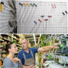 A person demonstrates heavy duty grid hooks for display and organization, showing various metal hooks in a grid pattern.