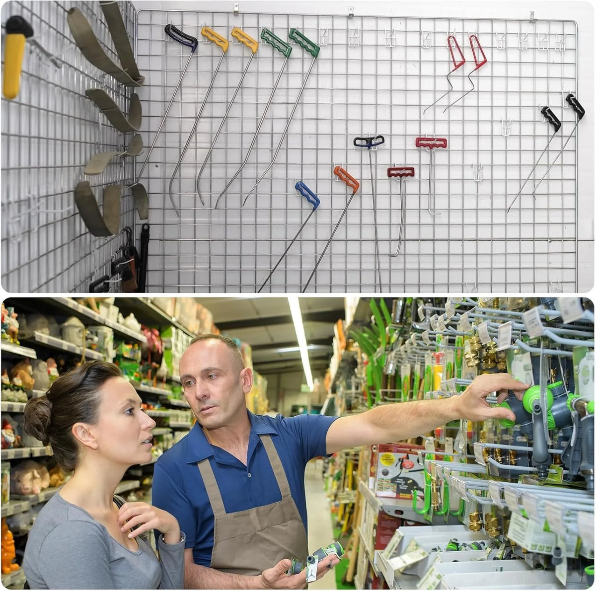 A person demonstrates heavy duty grid hooks for display and organization, showing various metal hooks in a grid pattern.