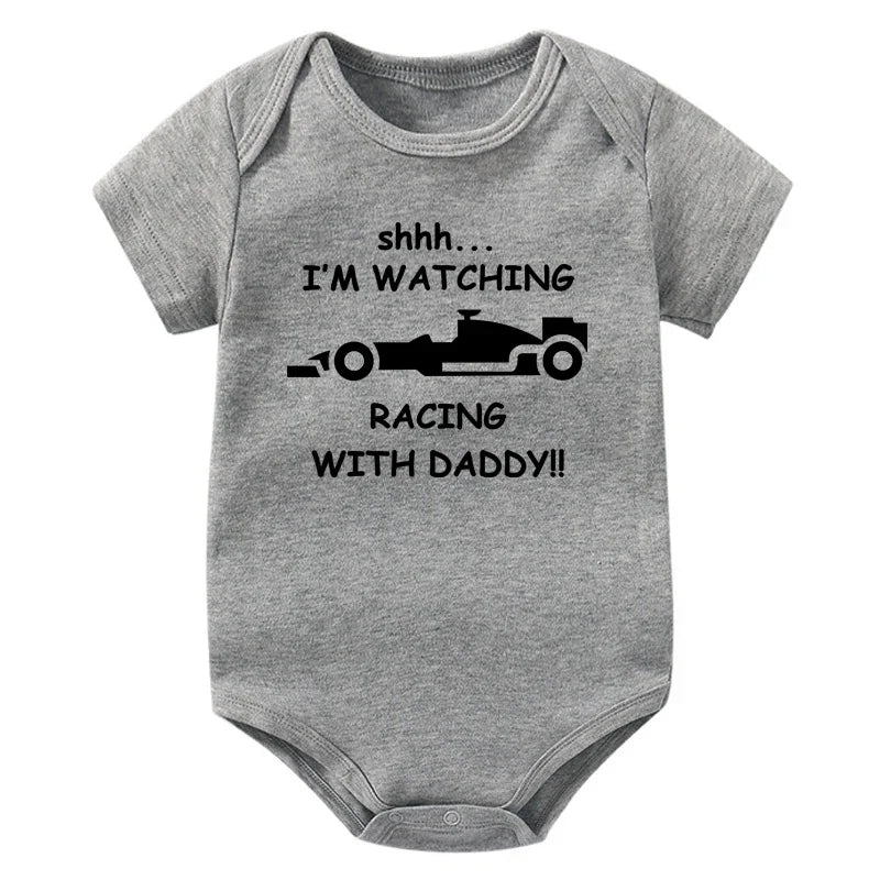 Funny Racing Baby Bodysuit - 'Watching Racing with Daddy' Newborn Romper