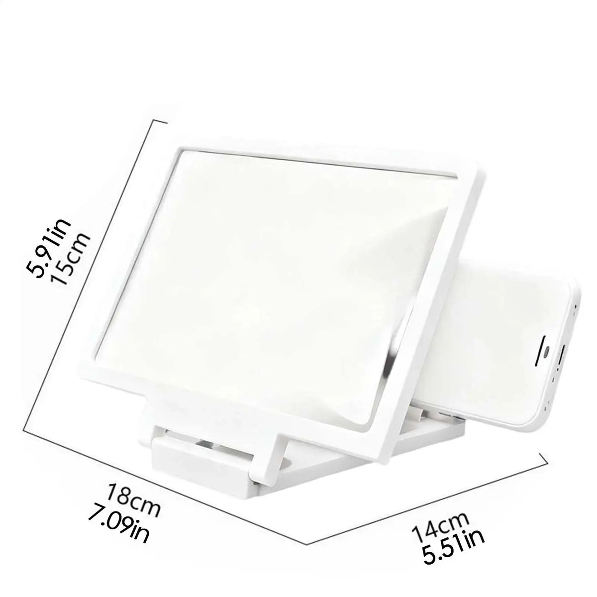 A white portable HD phone screen magnifier shown with dimensions.