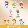 A collection of colorful animal-themed baby rattle toys including a purple owl, pink elephant, green snake, orange fox, and v