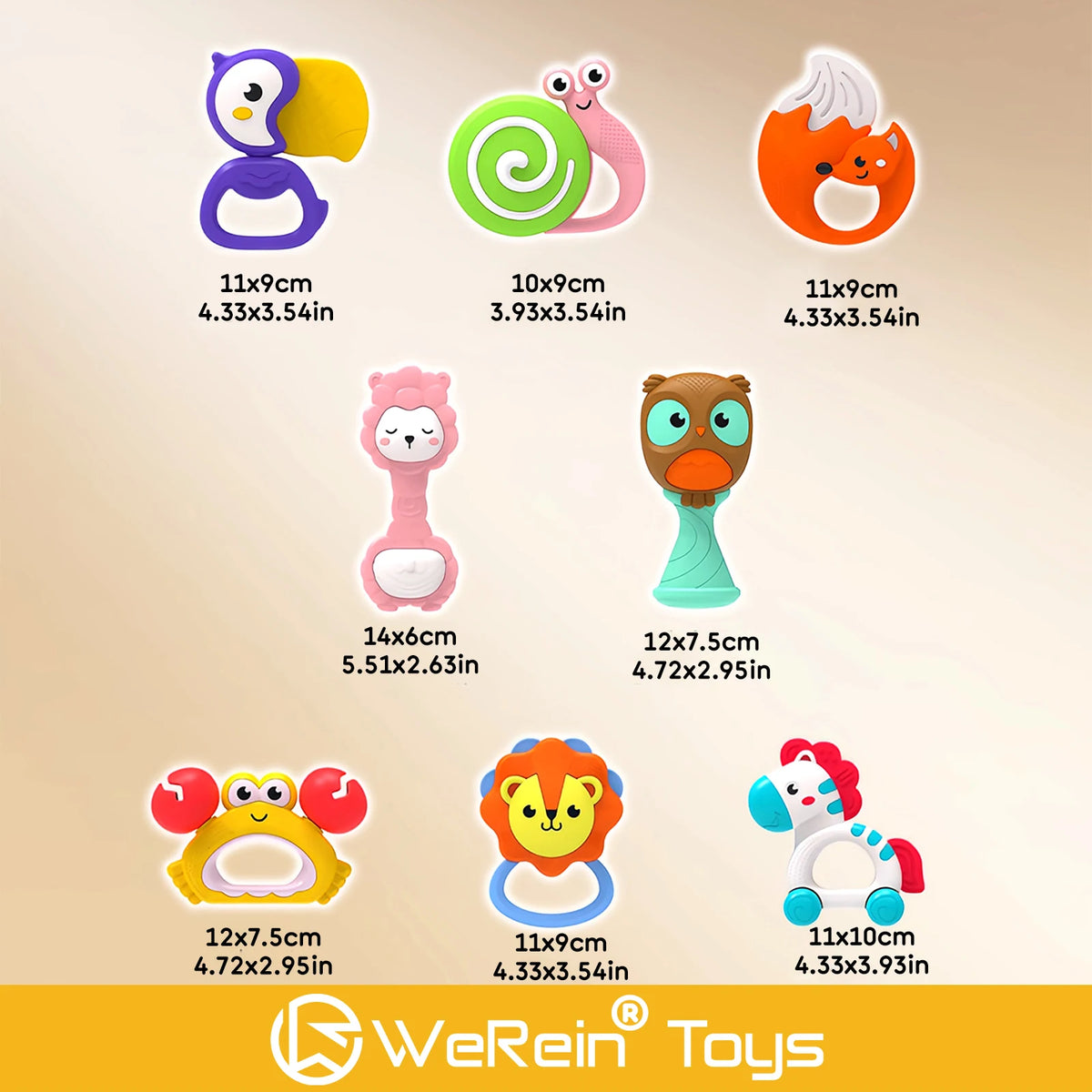 A collection of colorful animal-themed baby rattle toys including a purple owl, pink elephant, green snake, orange fox, and v