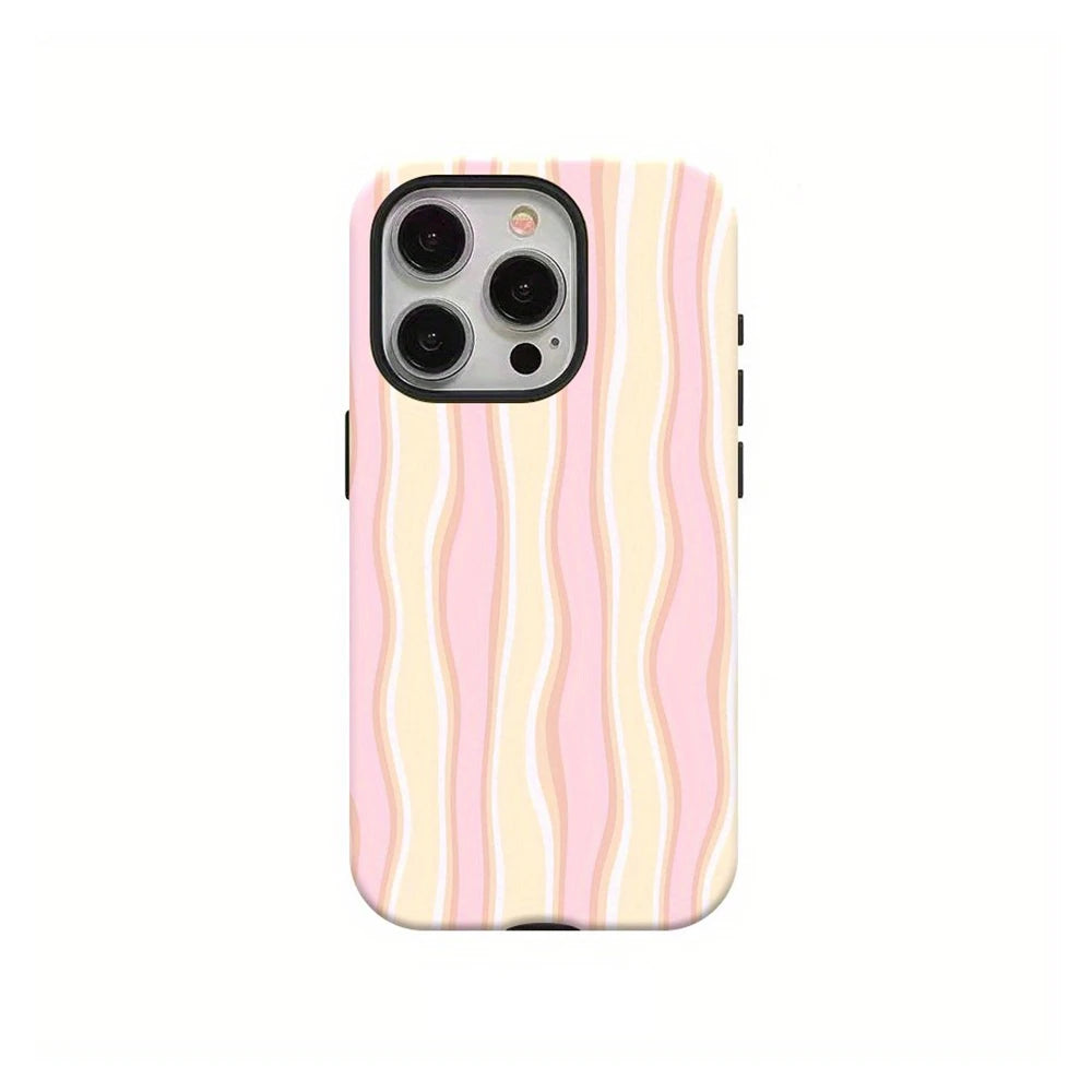 A light pink and cream striped dual-layer phone case for an iPhone.