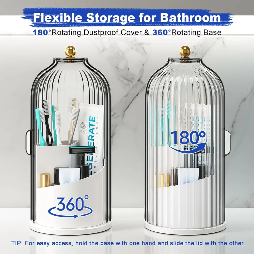 A clear glass rotating toothbrush holder with a dustproof cover and a 360-degree rotating base.